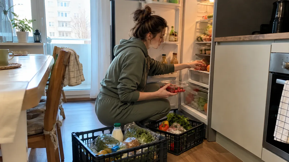 Kobieta w dresie opróżnia półki lodówki i ustawia produkty w skrzynkach na podłodze kuchni