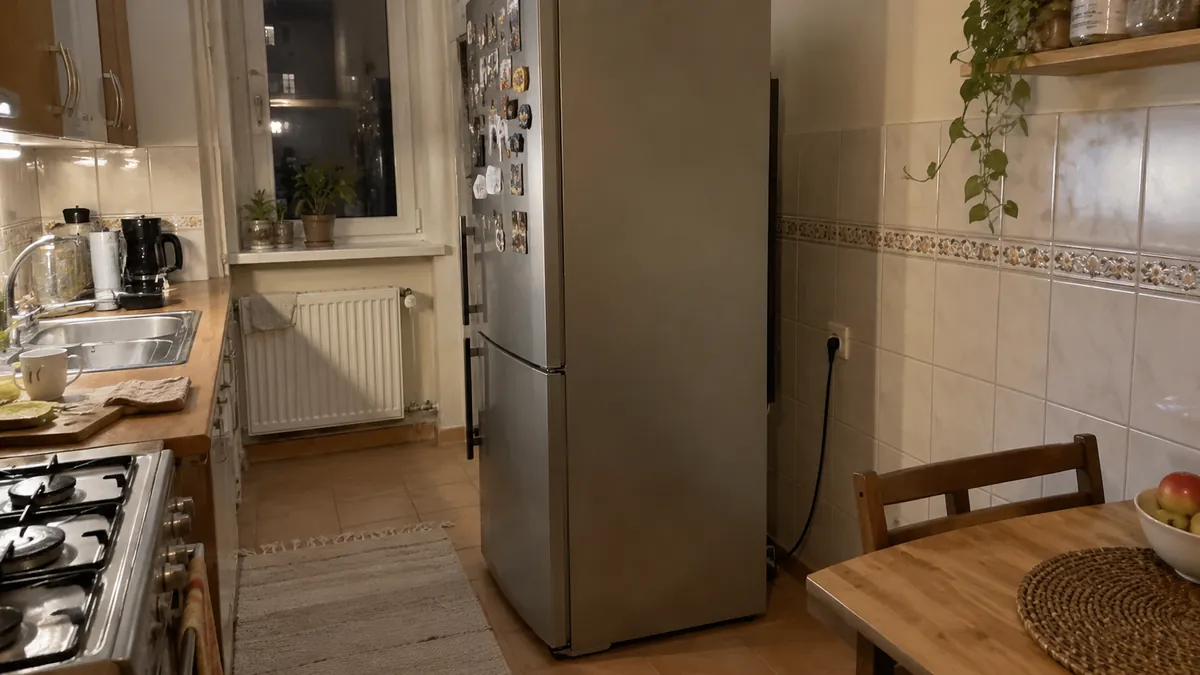 Srebrna lodówka odsunięta od ściany w kuchni z kafelkami, wtyczka podłączona do gniazdka