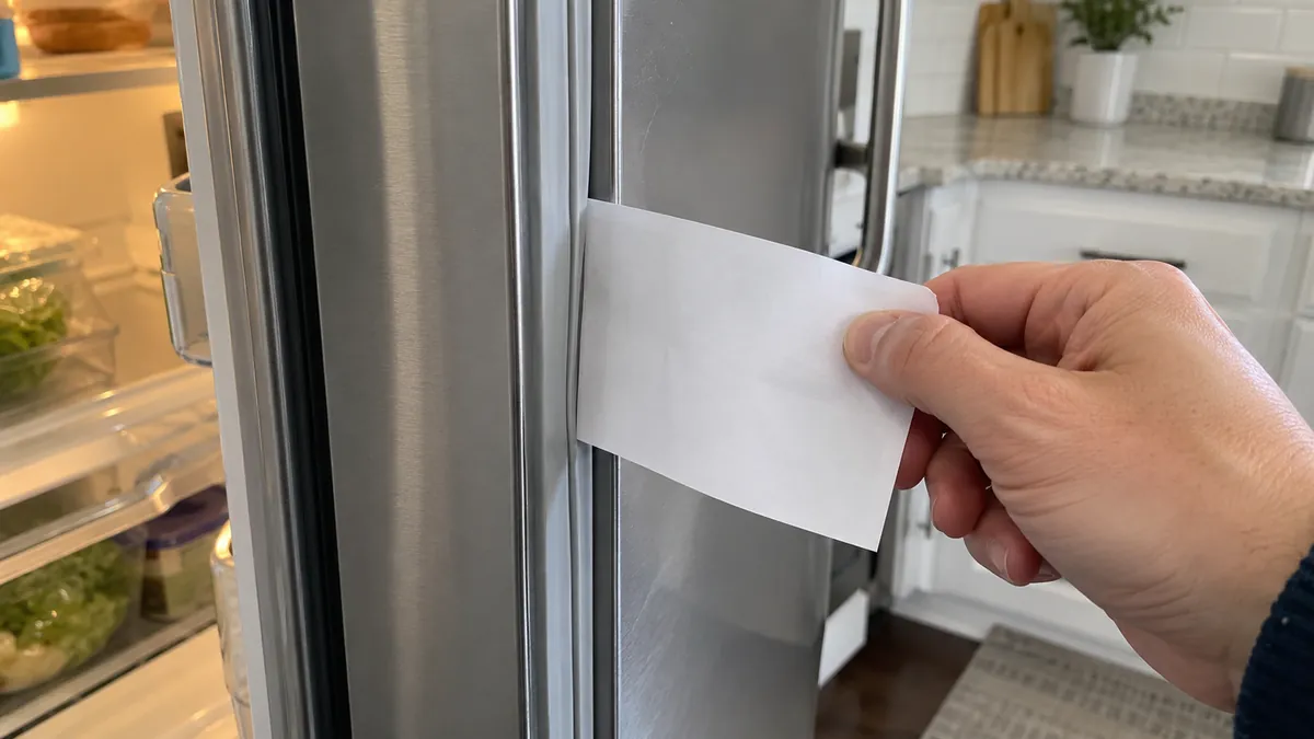 Dłoń wyciąga kartkę papieru przytrzaśniętą drzwiami lodówki podczas testu szczelności